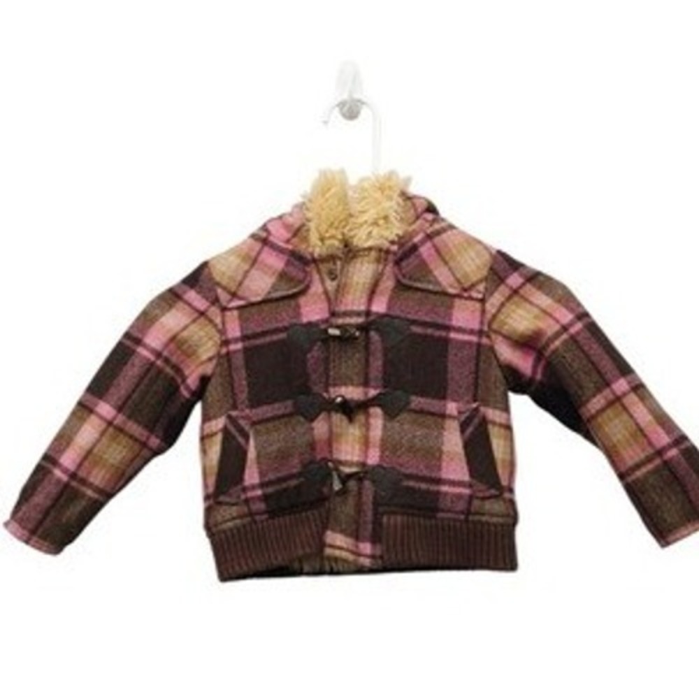 GAP Toddler Girls 3Y Pink Brown Plaid Wool Faux Fur Toggle Coat